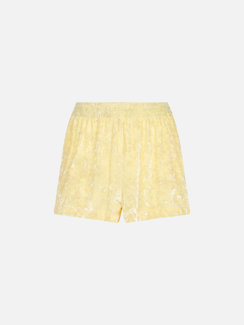 Woman pale yellow chenille pull up shorts Cate