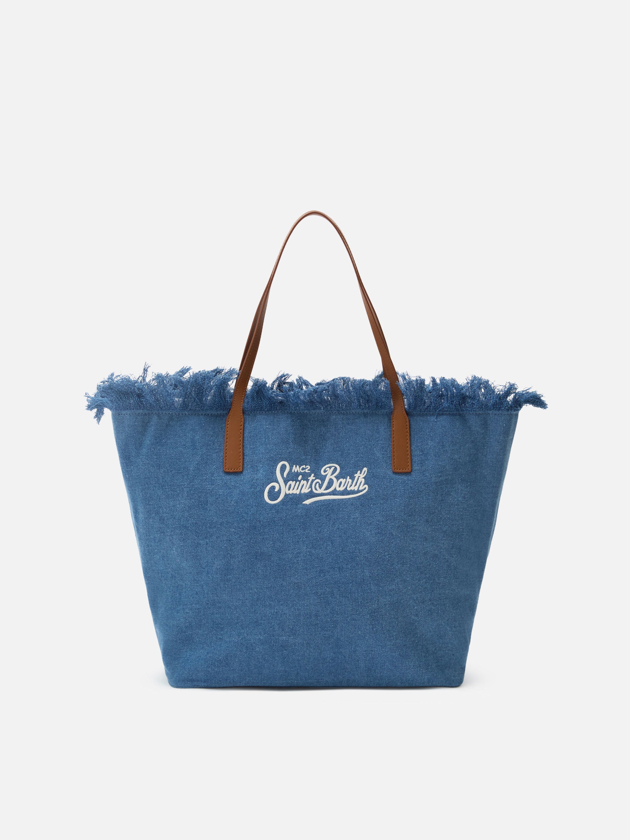 City regular bag in denim fabric with fringes – MC2 Saint Barth