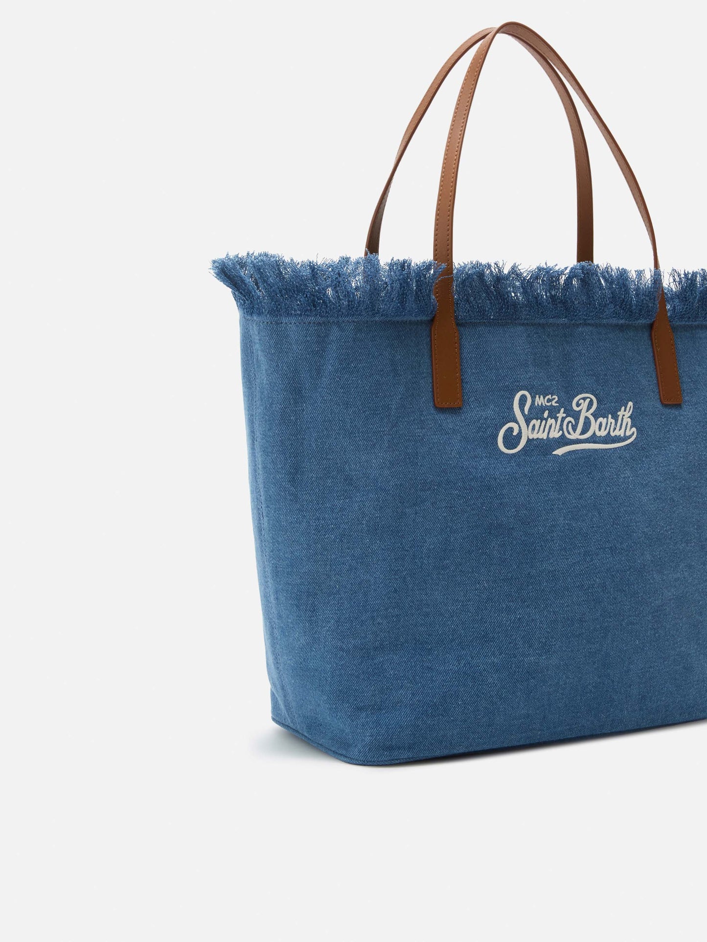 City regular bag in denim fabric with fringes