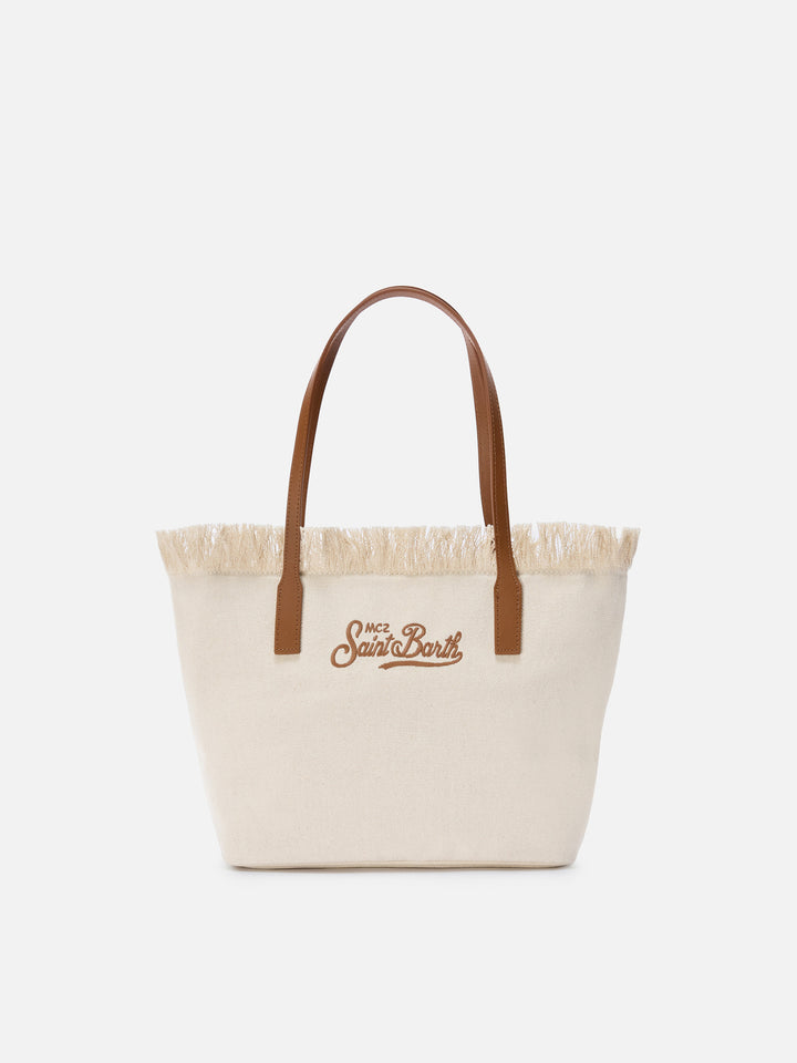 White medium City canvas shopper bag with fringes