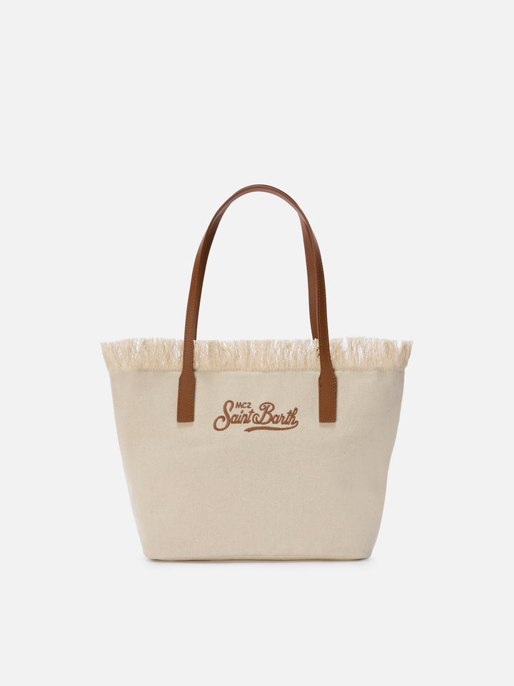 Borsa shopper City medium bianca in canvas con frange