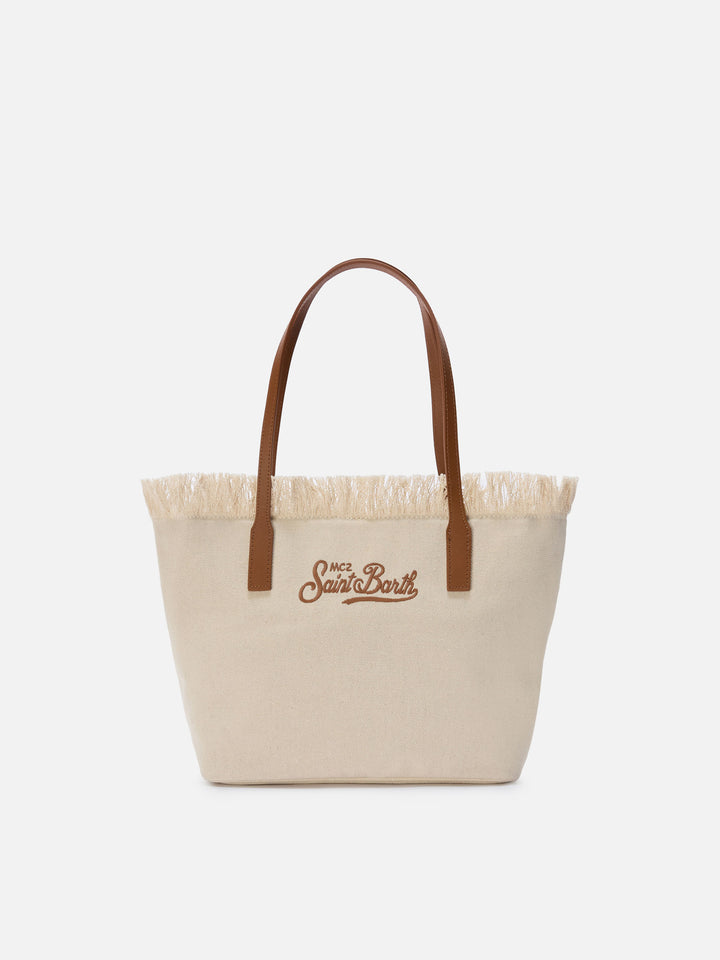 Borsa shopper City medium bianca in canvas con frange