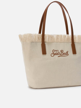 White medium City canvas shopper bag with fringes