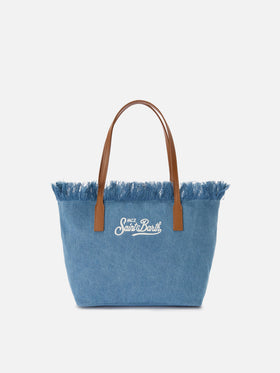 Medium City shopper bag in denim fabric with fringes
