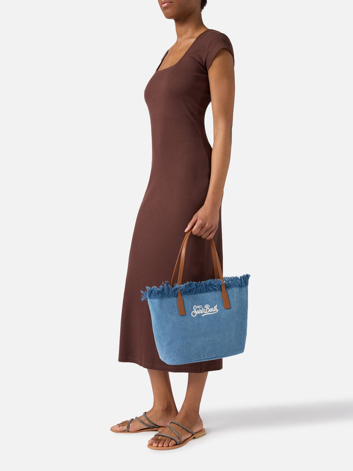 Borsa shopper City medium in tessuto denim con frange