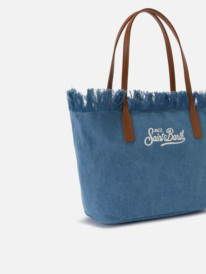 Medium City shopper bag in denim fabric with fringes