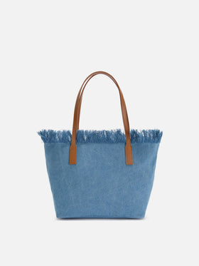 Medium City shopper bag in denim fabric with fringes
