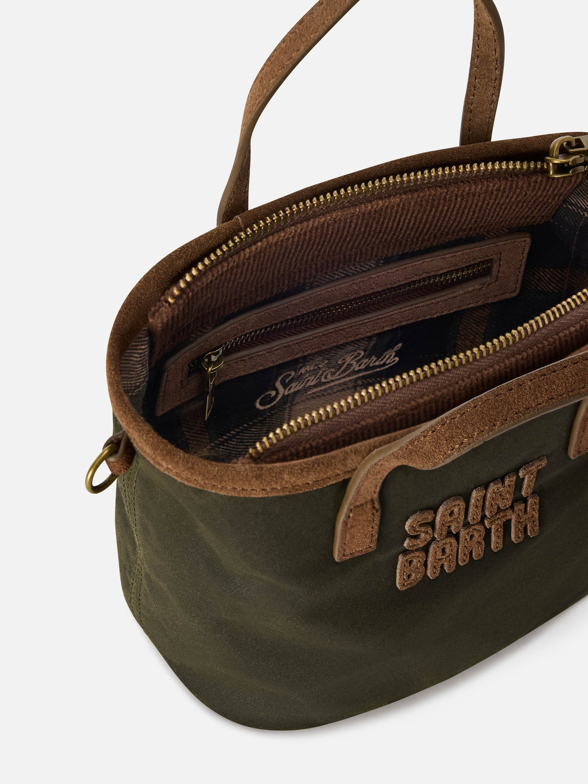 Mini City Tasche in Military Green aus gewachstem Material mit Logostickerei 