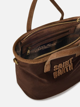 Borsa Mini City marrone in tessuto cerato con ricamo logo