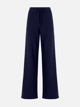Pantaloni palazzo Cambon in pura lana blu notte a vita alta con coulisse