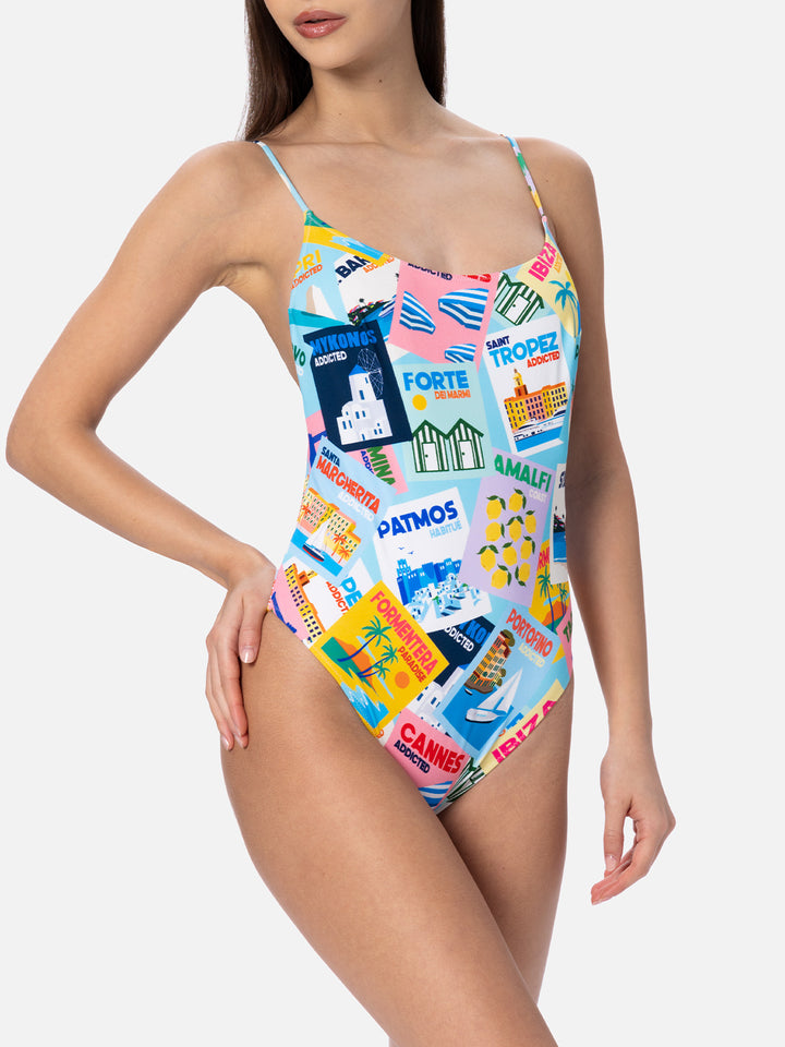 Costume intero da donna Cecille con stampa di cartoline
