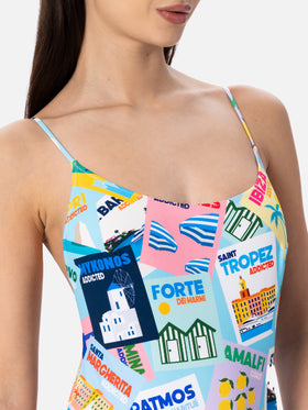 Costume intero da donna Cecille con stampa di cartoline