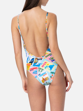 Costume intero da donna Cecille con stampa di cartoline