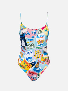 Costume intero da donna Cecille con stampa di cartoline