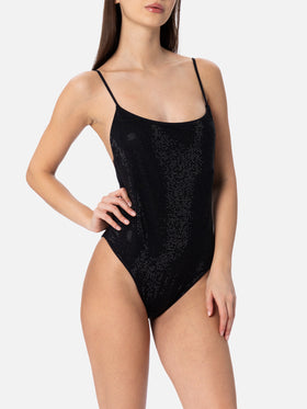Woman black one-piece swimsuit Cecille with rhinestones - MC2 Saint Barth