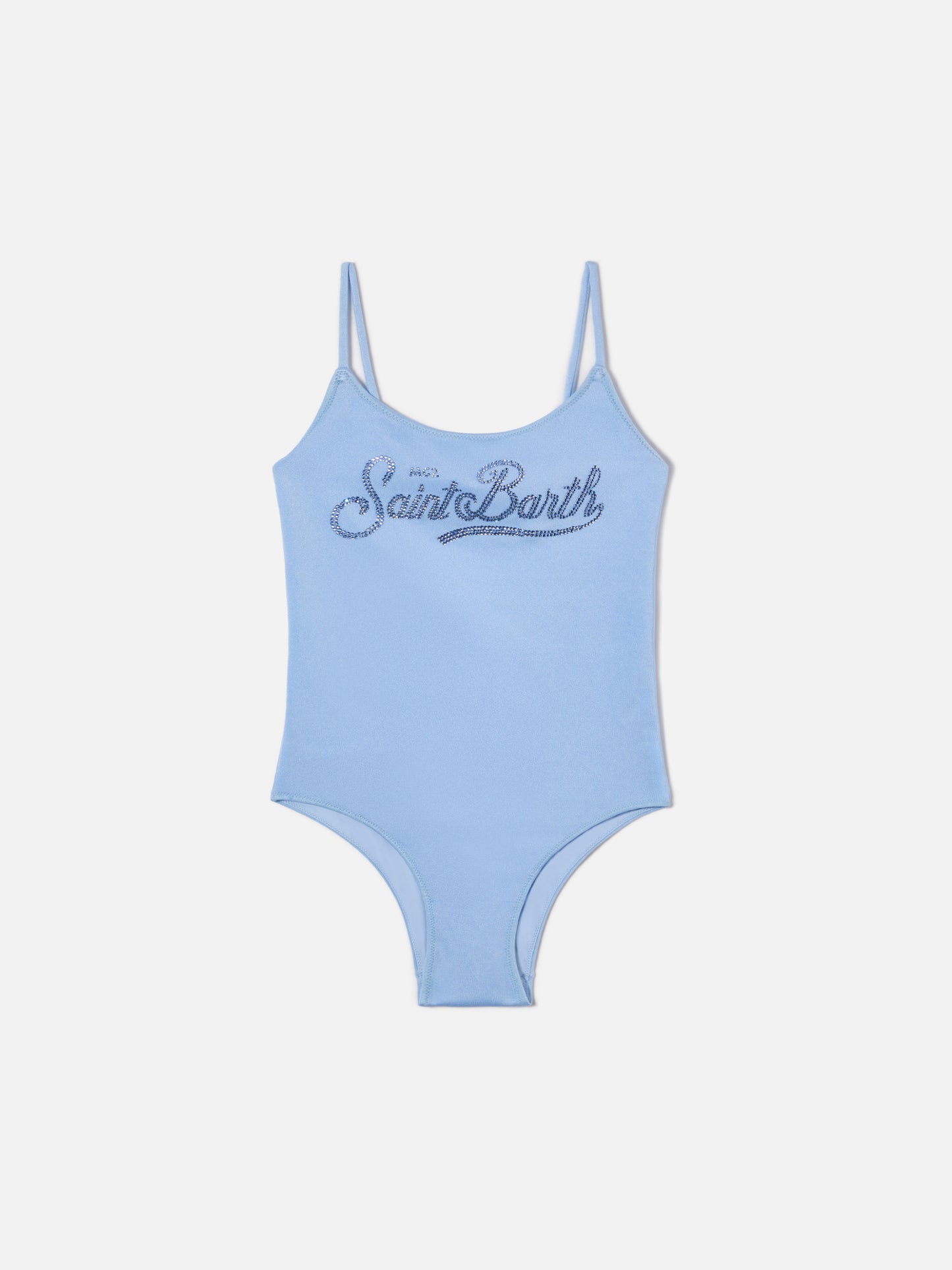 Cecille Jr one-piece swimsuit in glossy finish fabric with rhinestone logo