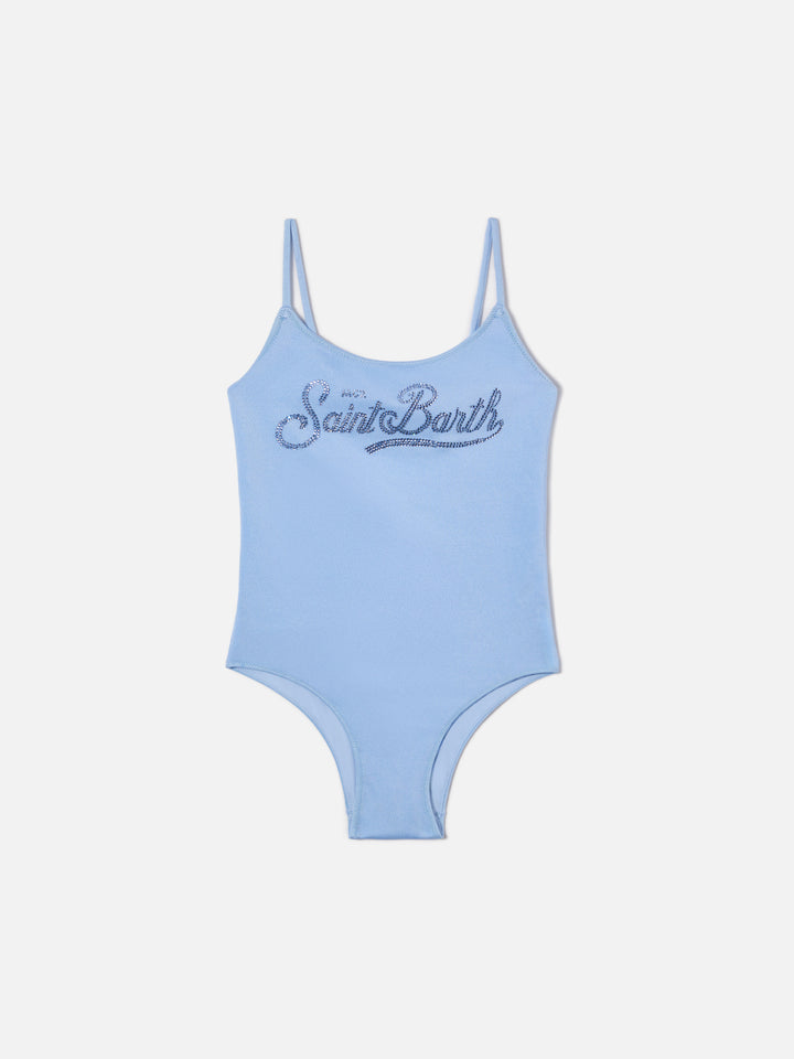 Costume intero Cecille Jr in tessuto glossy finish con logo in strass