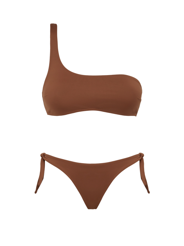 Bikini Celestine Yali marrone con top a bralette monospalla e slip classici
