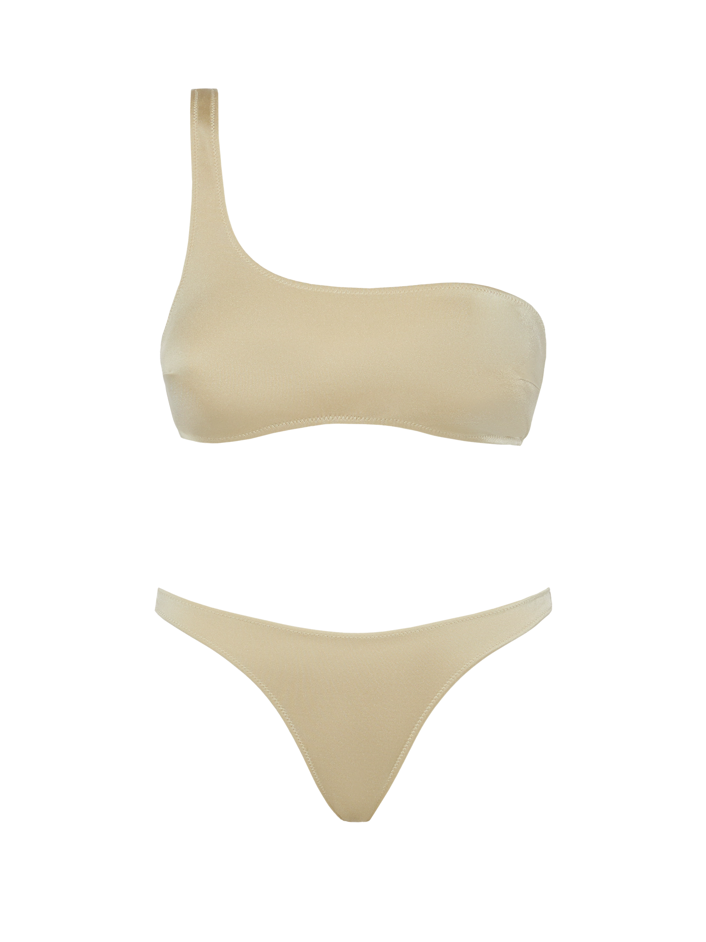 Celestine Naomi shimmer gold bikini with one-shoulder bralette top and cheeky briefs