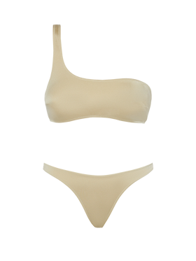 Celestine Naomi shimmer gold bikini with one-shoulder bralette top and cheeky briefs
