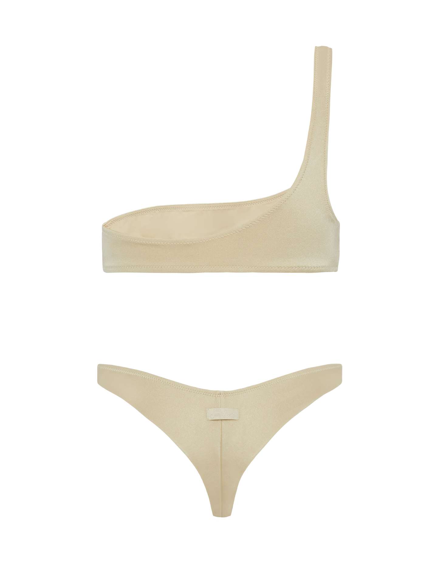 Celestine Naomi shimmer gold bikini with one-shoulder bralette top and cheeky briefs