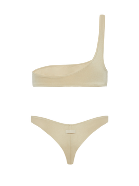 Celestine Naomi shimmer gold bikini with one-shoulder bralette top and cheeky briefs
