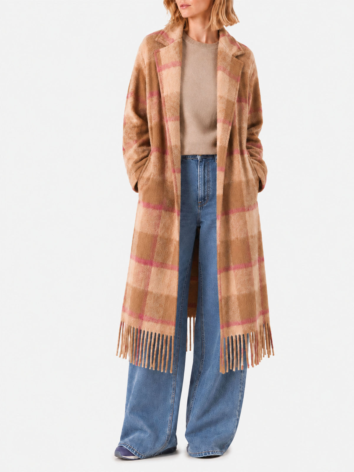 Manteau long Charlot marron avec franges et motif à carreaux 
