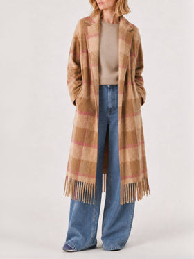 Cappotto lungo Charlot con frange a quadri marrone