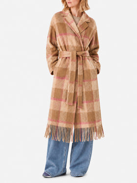 Manteau long Charlot marron avec franges et motif à carreaux 