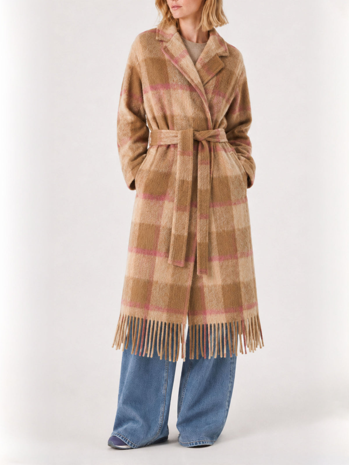 Cappotto lungo Charlot con frange a quadri marrone
