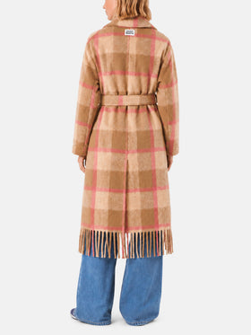 Manteau long Charlot marron avec franges et motif à carreaux 