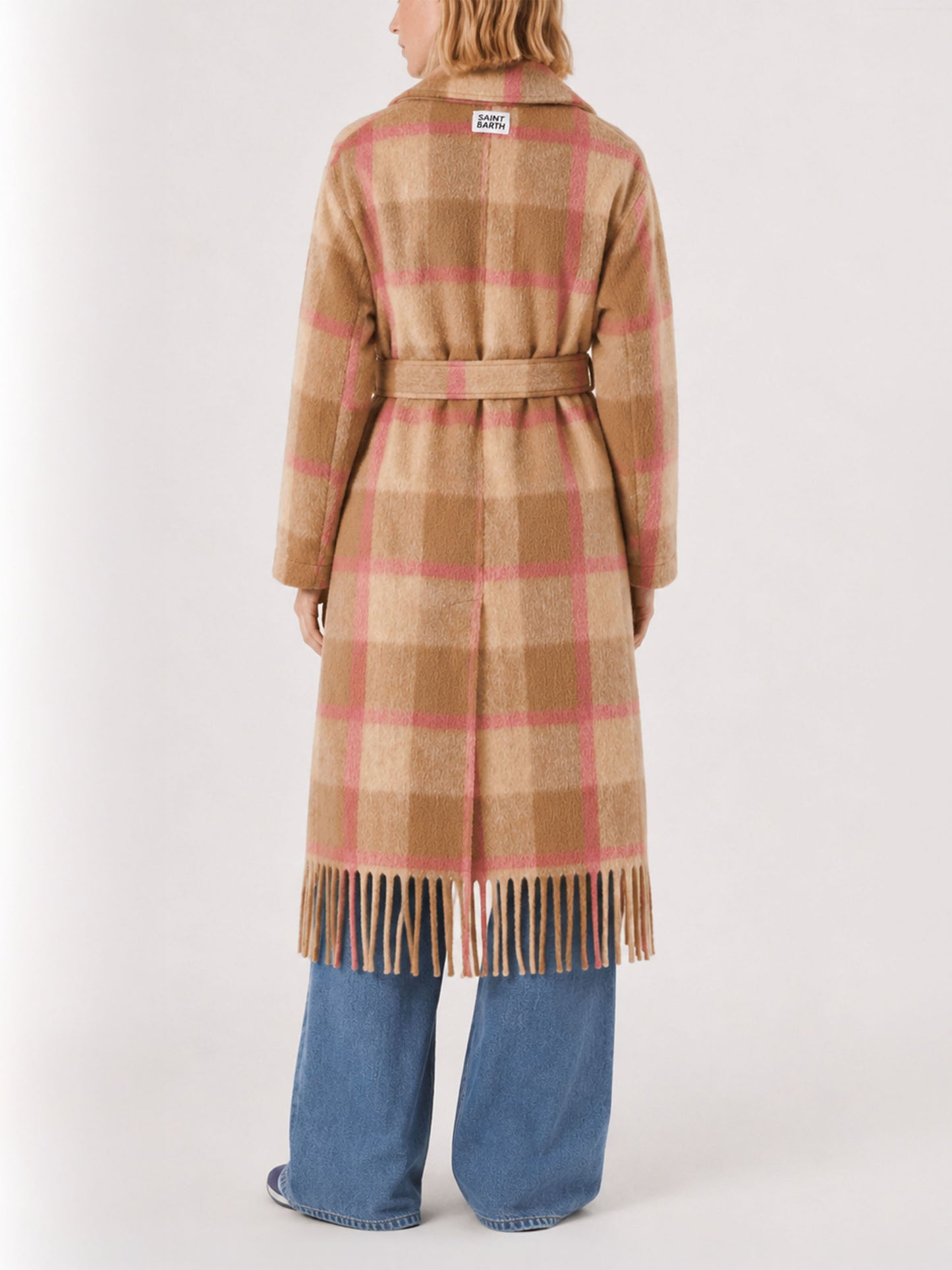 Cappotto lungo Charlot con frange a quadri marrone