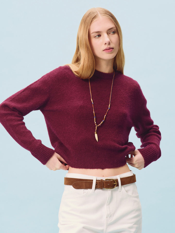 Aubergine Lucille soft alpaca wool blend crewneck knit with logo embroidery