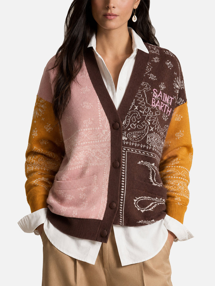 Cardigan Chloe in cashmere misto stampa bandana multicolor