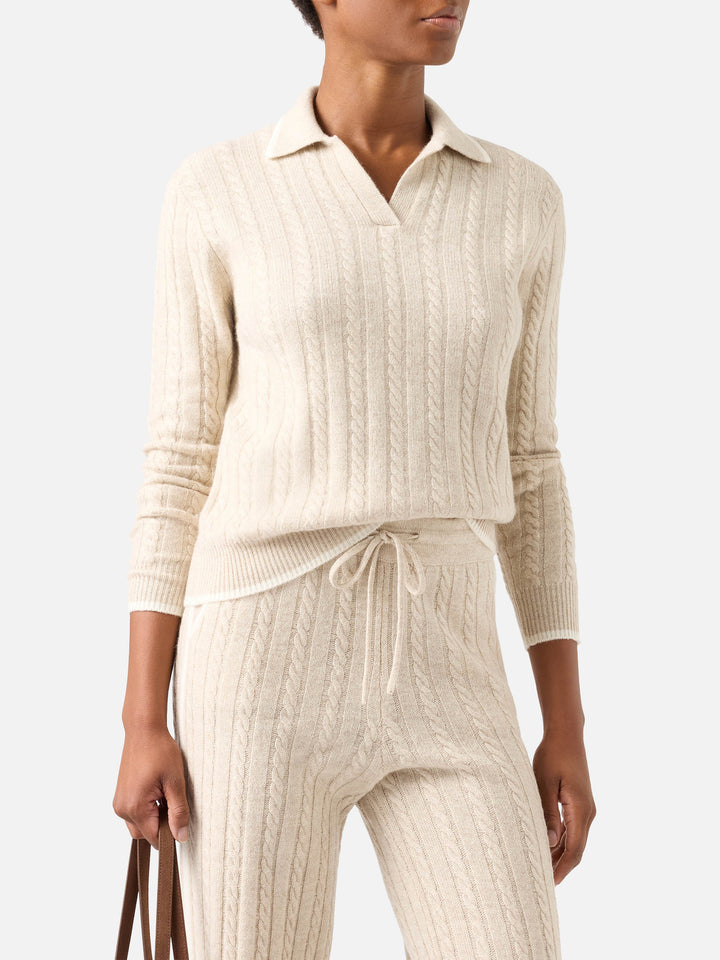 Pull en laine Beige Clichy à col polo avec maille pointelle 