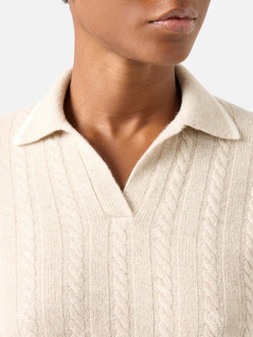 Beige Clichy wool polo collar knit with pointelle stitch