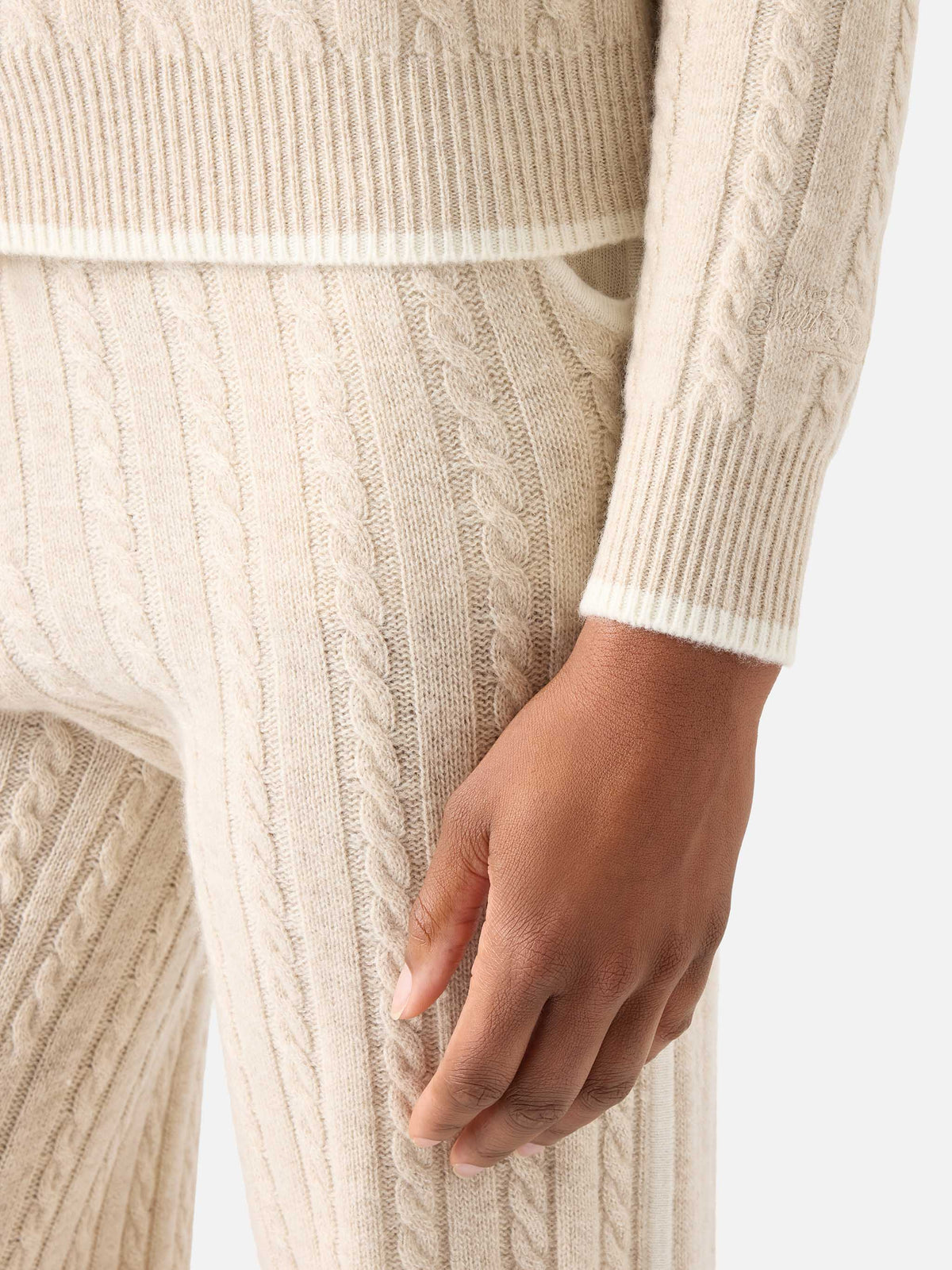 Beige Clichy wool polo collar knit with pointelle stitch