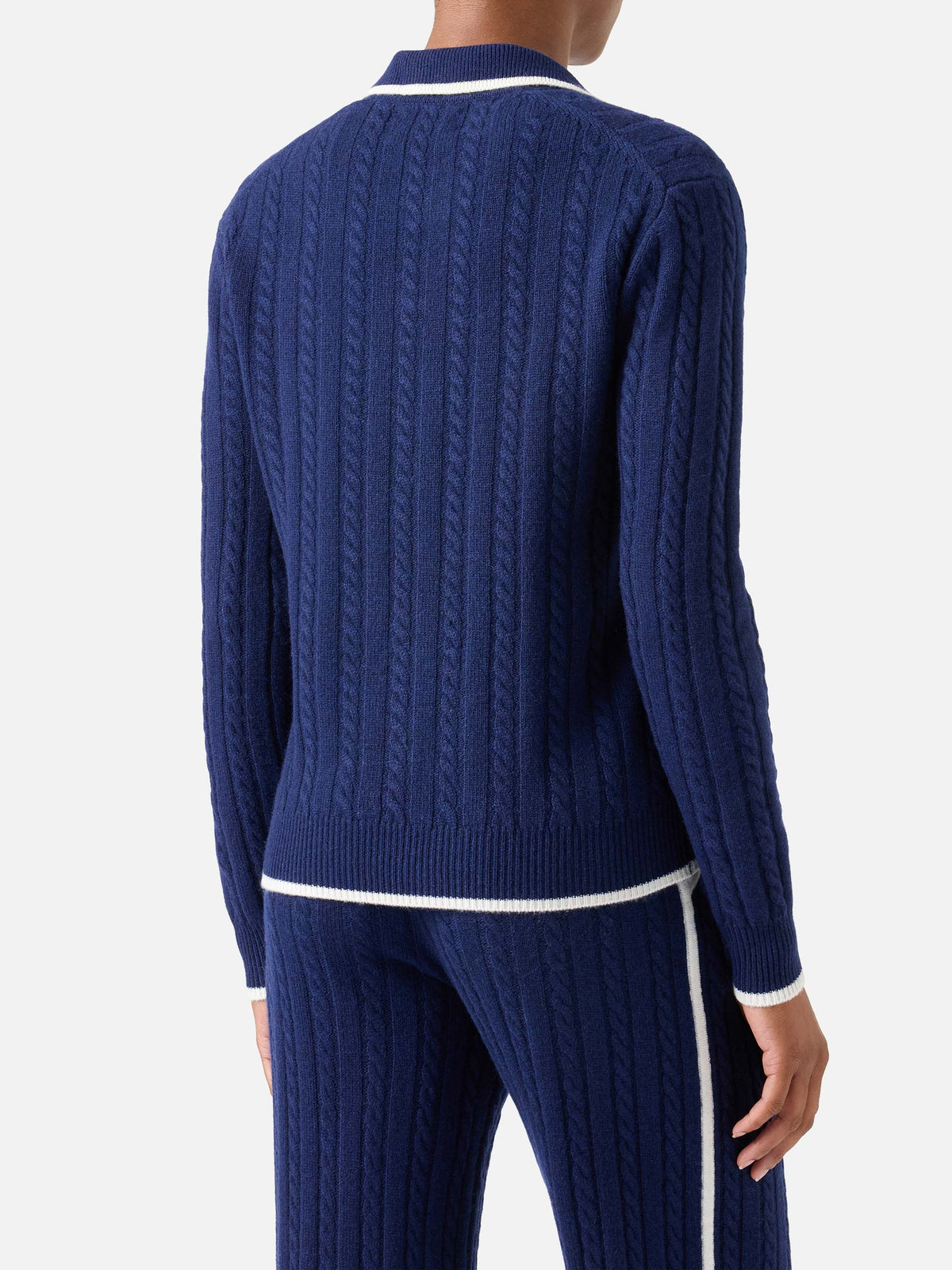 Night blue Clichy wool polo collar knit with pointelle stitch