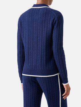Night blue Clichy wool polo collar knit with pointelle stitch