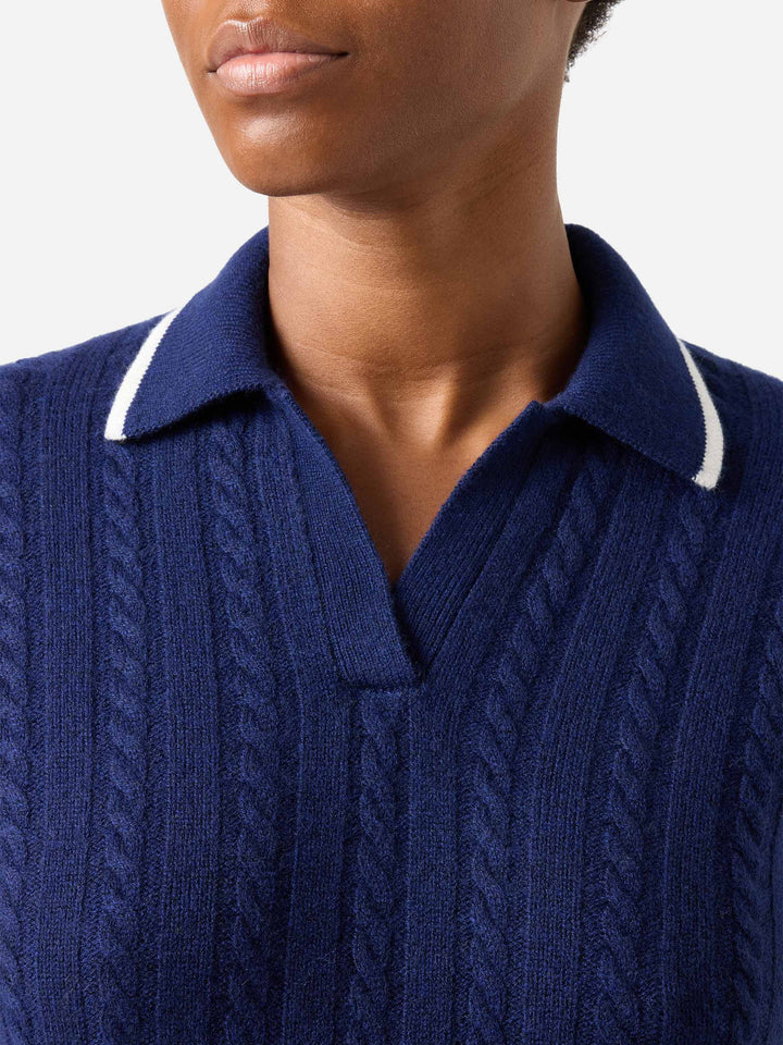 Polo de punto de lana Night blue Clichy con cuello polo y punto pointelle 