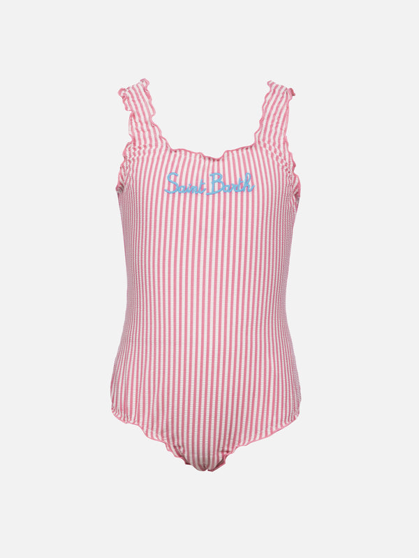 Girl seersucker one piece swimsuit Clio with contrast frill