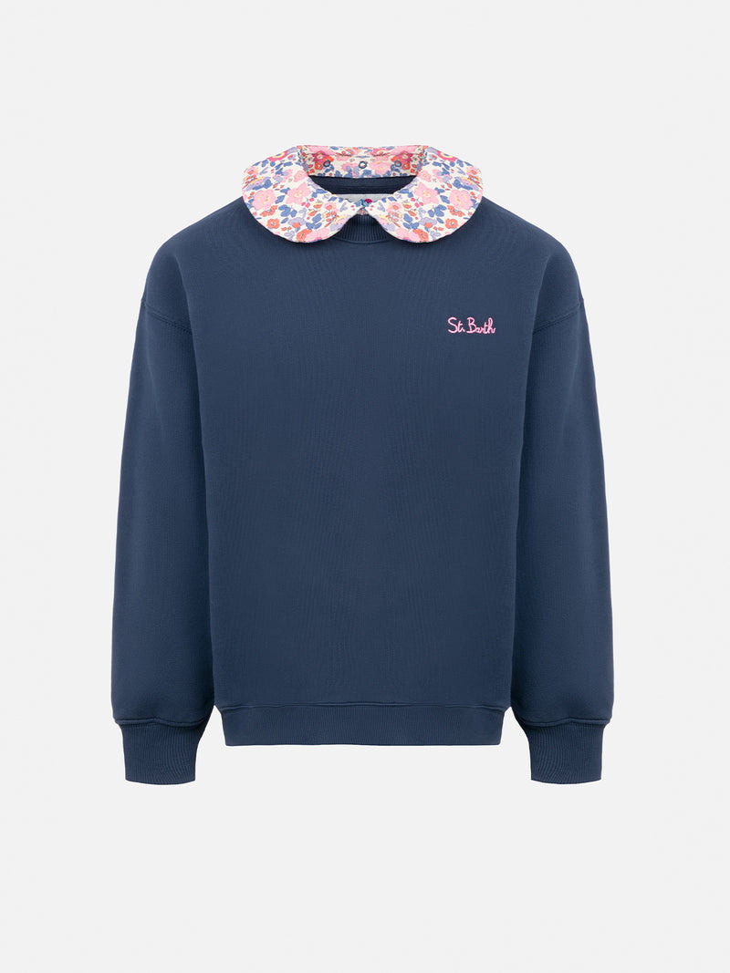 Girl blue crewneck sweatshirt Coleen with a floral collar