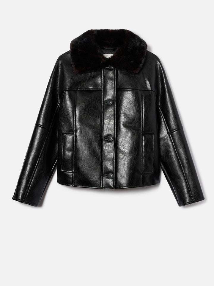Black Clisia faux leather jacket with faux fur collar