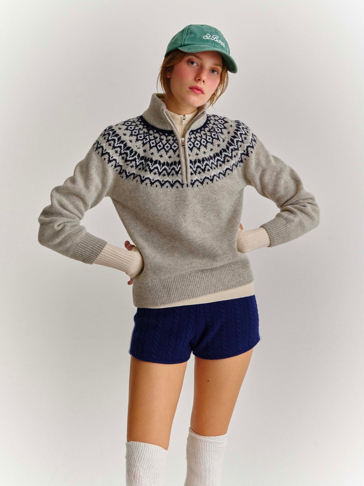 Grey Clyde wool blend half-zip knit with nordic pattern