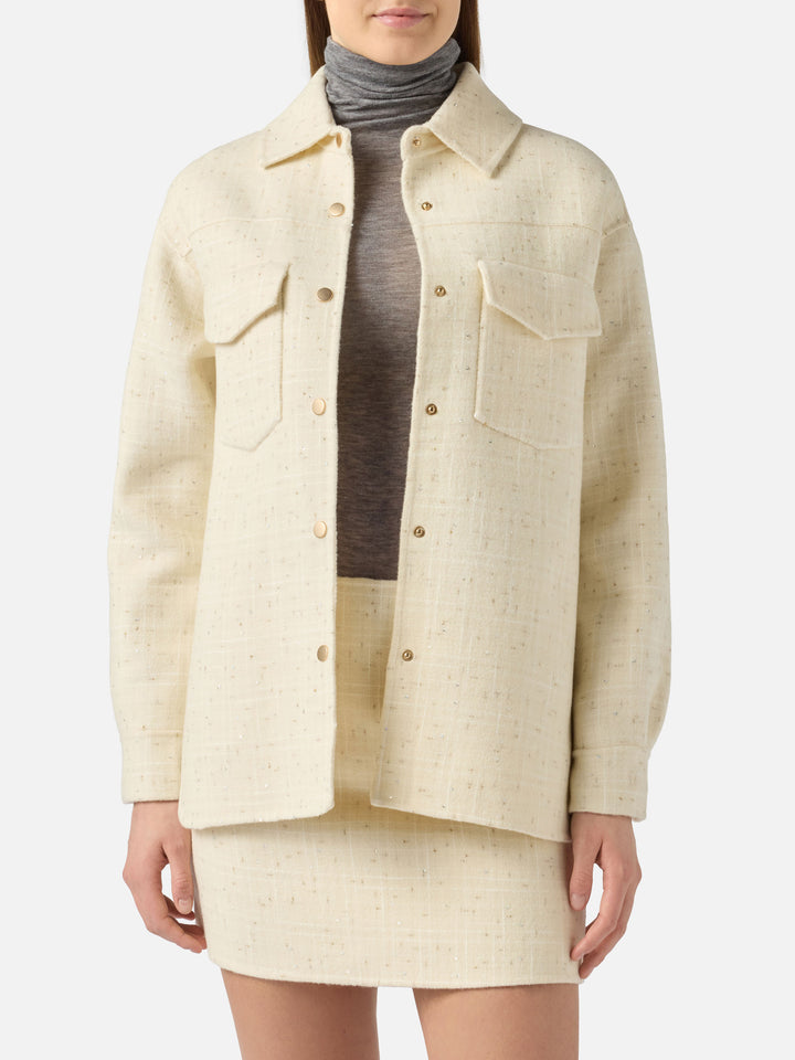 Woman wooly tweed white jacket Chantel with sequins