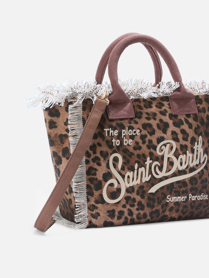 Leopard print canvas Vanity regular bag with fringes