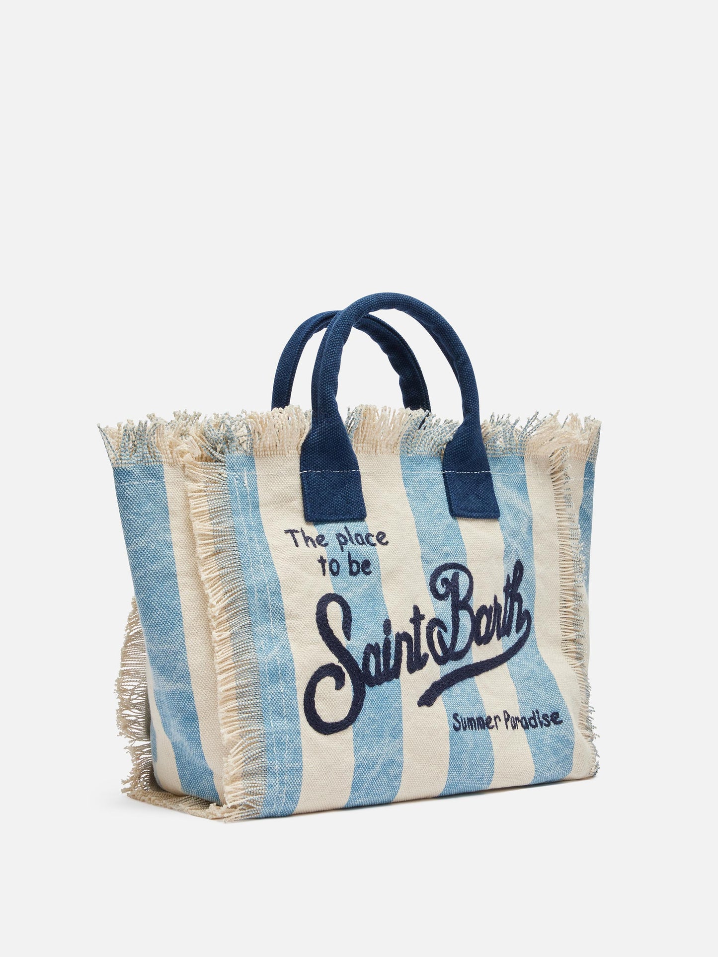 Colette cotton canvas handbag with light blue striped print