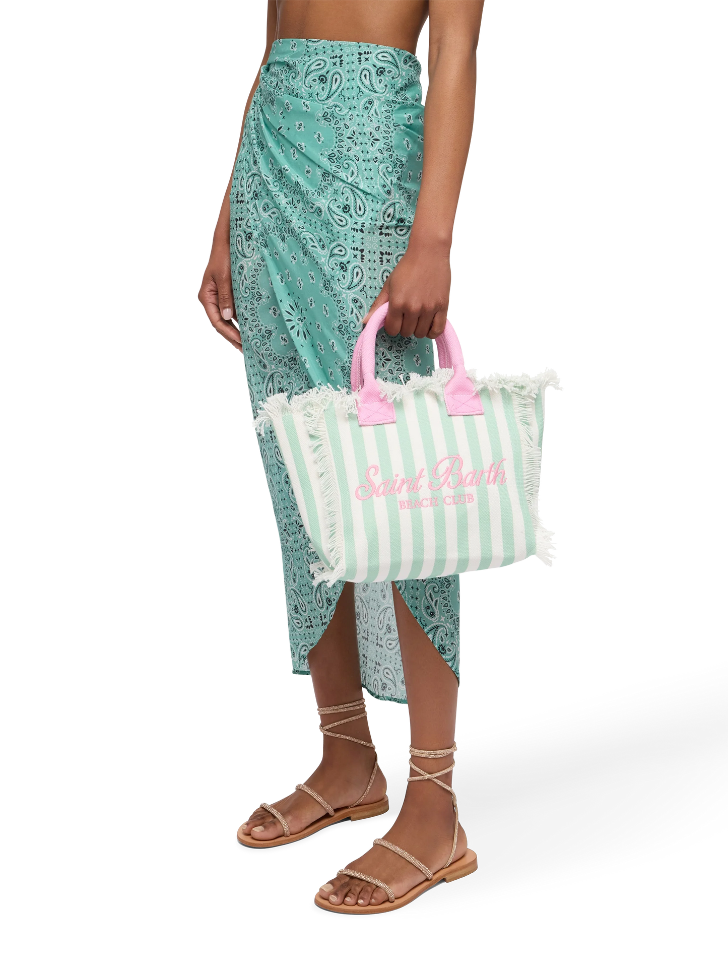 Colette cotton canvas handbag with green striped print - MC2 Saint Barth