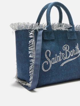 Indigo blue Colette canvas bag with rhinestone logo