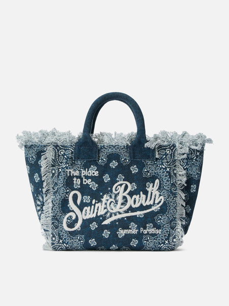 【ブルー1】コードレーン×帆布カートバッグ (UNISEX) Light blue canvas Colette bag with bandana print – MC2 Saint Barth